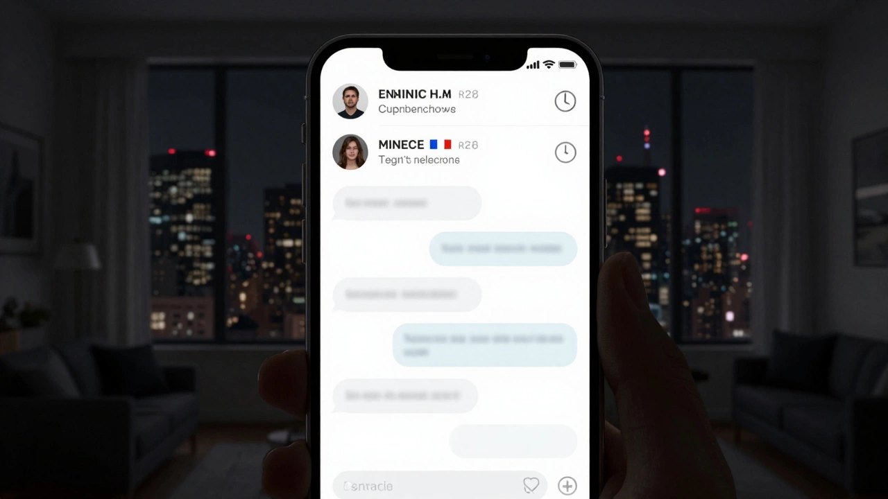 A smartphone showing an encrypted messaging app with minimal escort profile details in a dark room.