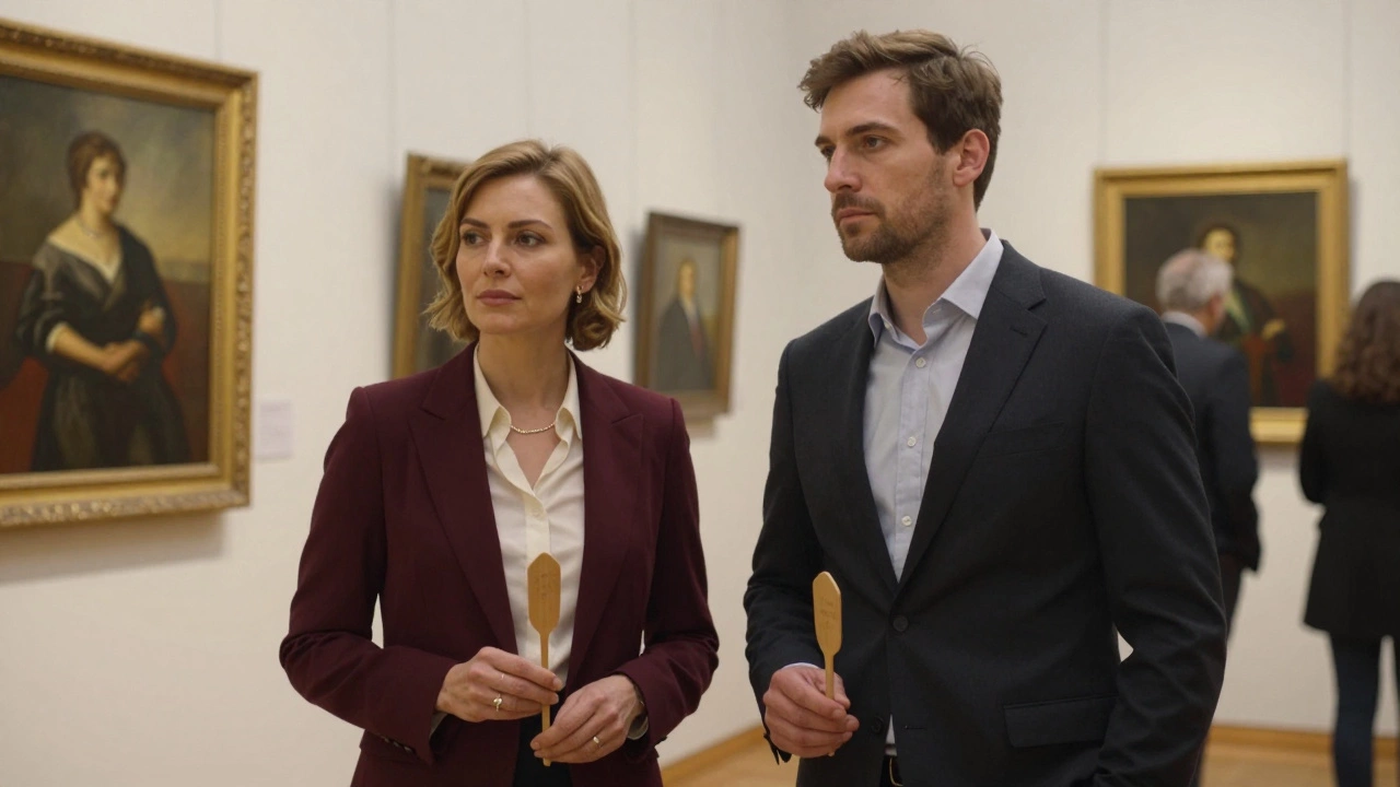 A woman and man attending an art auction in St. Petersburg, dressed formally and focused on the event.