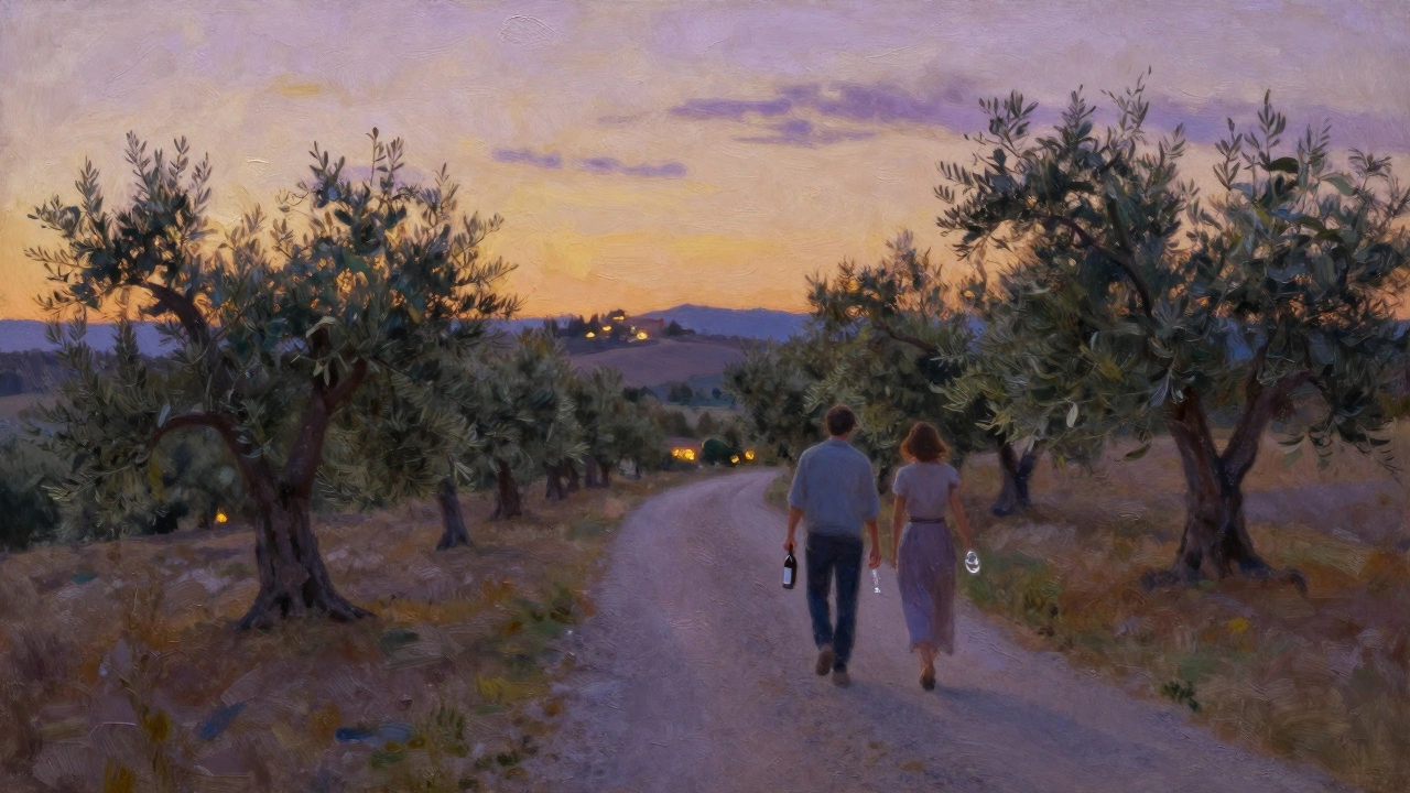 Couple walking at sunset along an olive tree path near Aix-en-Provence, hills glowing in the distance.