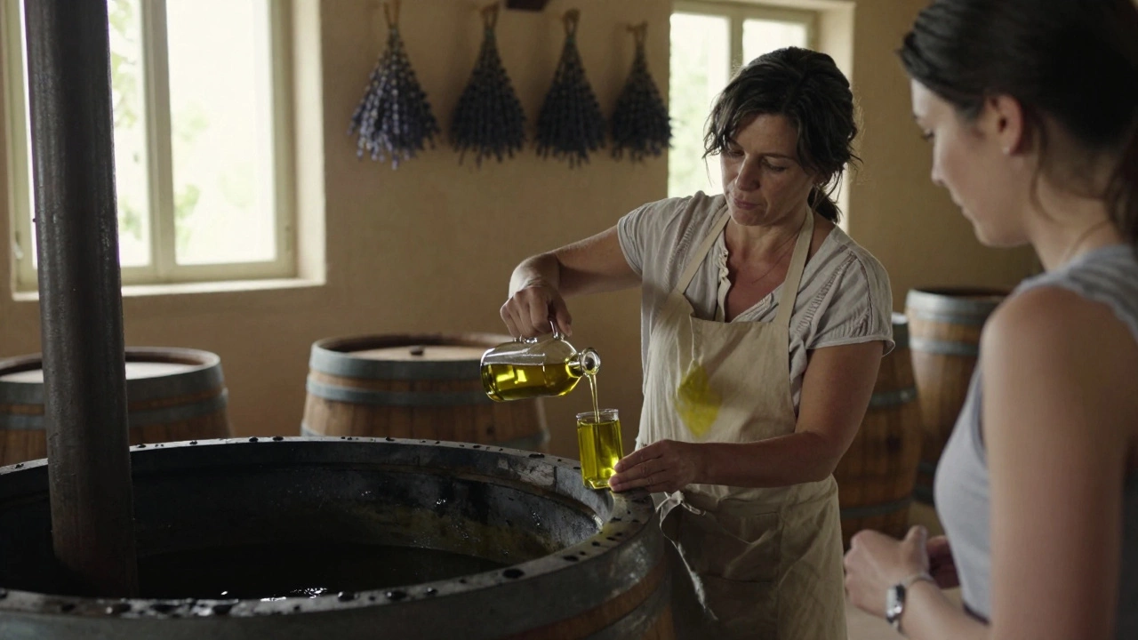 Local woman pouring olive oil at a family-run mill, visitor observing quietly in the background.